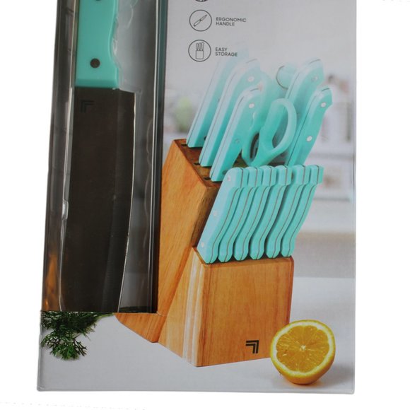 14 PC Sharper Image Knife Block Set AQUA SKY High Quality Stainless Steel Wood - Picture 2 of 6